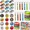 98 PCS Race Cars Party Favor Supplies Kit Racecar Birthday Themed Decoration Set with Mini Race Cars Toys Cartoon Transportation Stickers Keychain Wristband Bracelet Badge Pack