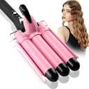 3 Barrel Curling Iron Hair Crimper: Mothers Day Gifts for Women - Dual Voltage Adjustable Temperature Three Barrels Hair Waver - 1 Inch Ceramic Curler Wand (Pink)