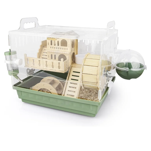 Cycodo 8 in 1 Acrylic Hamster Cage,2Tier Dwarf Hamster Cage with Wooden Wheel & Hideout,Small Hamster Habitat with Accessories,Clear Pet Mice House(Green,14" L*10" W*11" H)