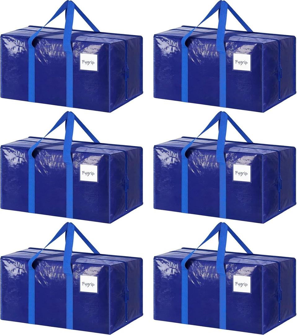 6 Pack Extra Heavy Duty Large Moving Bags with Strong Zipper & Comfortable Handles, Sturdy & Durable Clothes Storage Bags Totes Bins, Packing Moving Boxes for College Supplies, Blue