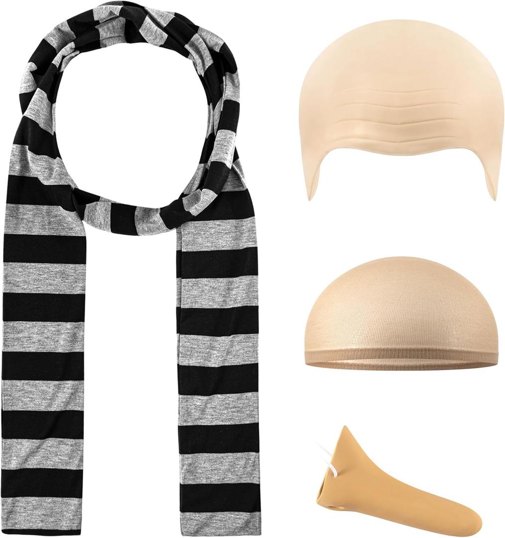 4 Pcs Adults Costume Accessories Set, Black Gray Striped Scarf Fake Nose Latex Bald Head Wig Cap, Cosplay Classic Characters Gru Halloween Party Set