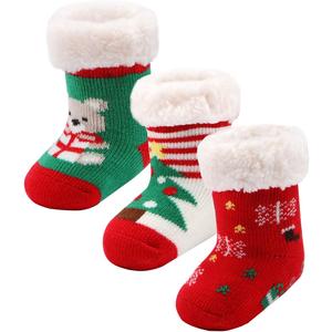 3 Pairs Toddler Girl Boy Sherpa-lined Fuzzy Socks Anti Skid with Grips, Baby Girl Boy Christmas Socks Kids Slipper Socks (12-24 Months)