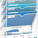 5 Tier Wall File Organizer - Hanging File Organizer with 5 Hooks, Mail Holder Wall Mounted for Papers, Folders, Magazines, Bills, Office&School Organization, White