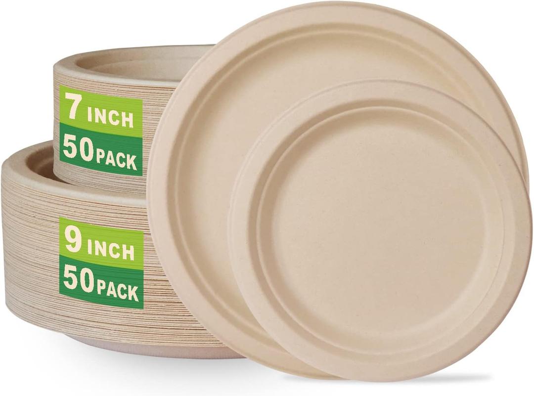 GreenWorks 7 inch and 9 inch Heavy-duty Compostable Plates (each 50 Count), 100 Count Unbleached Disposable Paper Plates (Large)