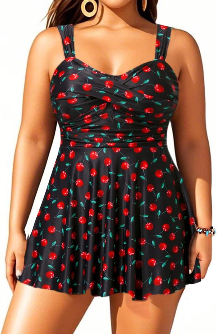 Aqua Eve Plus Size Two Piece Swimsuits for Women Tankini Bathing Suits Flowy Swim Dress with Shorts (Cherry) 24W