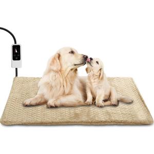 Heeyoo Pet Heating Pad, Adjustable Temperature Dog Cat Heating Pad with Timer, Waterproof Heated Dog Bed with Chew Resistant Cord, Auto Power-Off Indoor Pet Heated Mat for Dogs and Cats, 36" x 24" (Khaki)