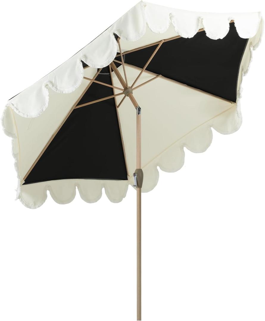 Tempera 9ft Scalloped Patio Umbrellas with Fringe, Market Umbrellas with Water-Resistant and Fade Resistant Canopy, 1.5" Wood Pole & Button Tilt.
