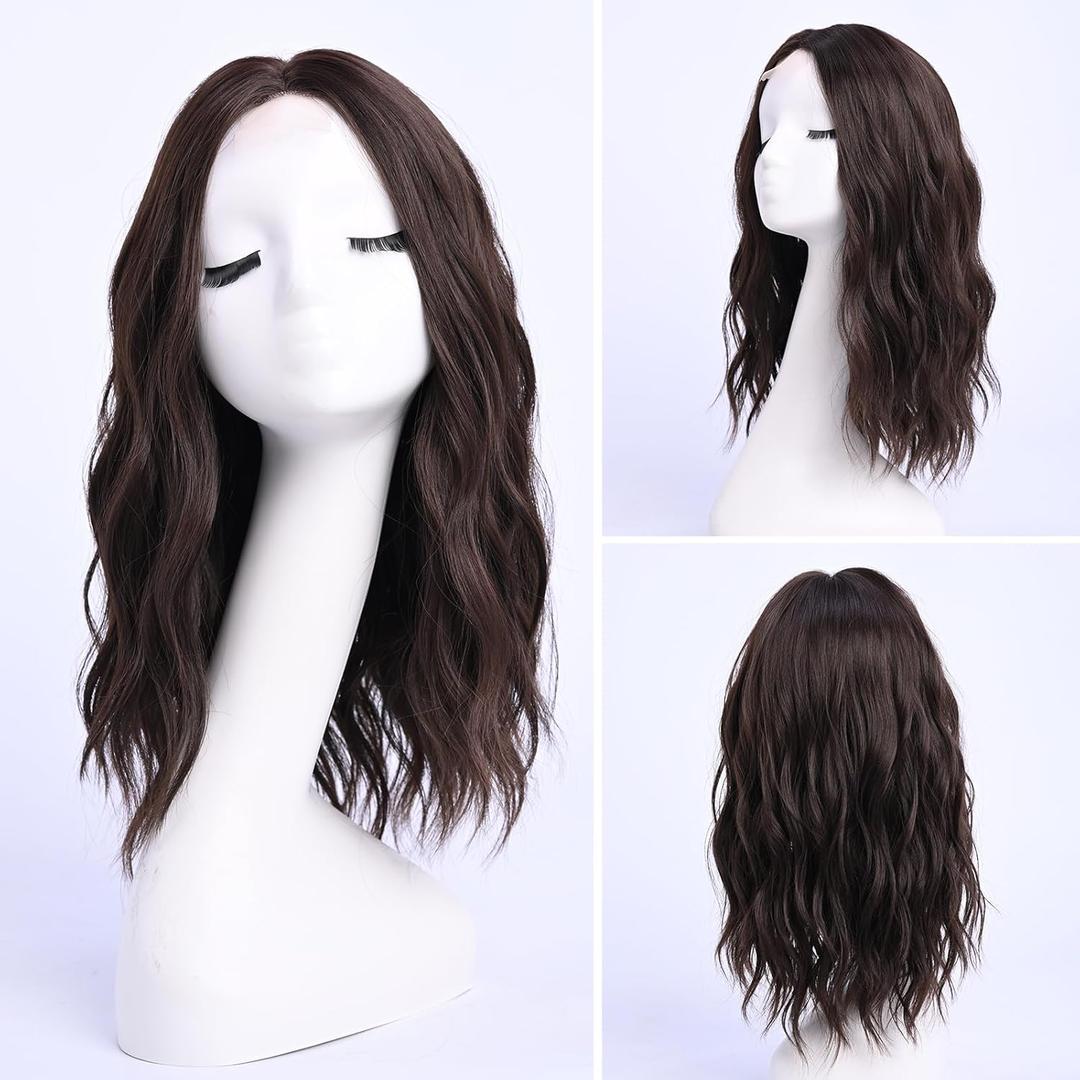 Medium Length Wavy Wigs for Women 18 Inch Middle Part Wavy Wig Natural Looking Synthetic Heat Resistant Fiber Wig for Daily Party Use (18 inch) (Dark Brown)