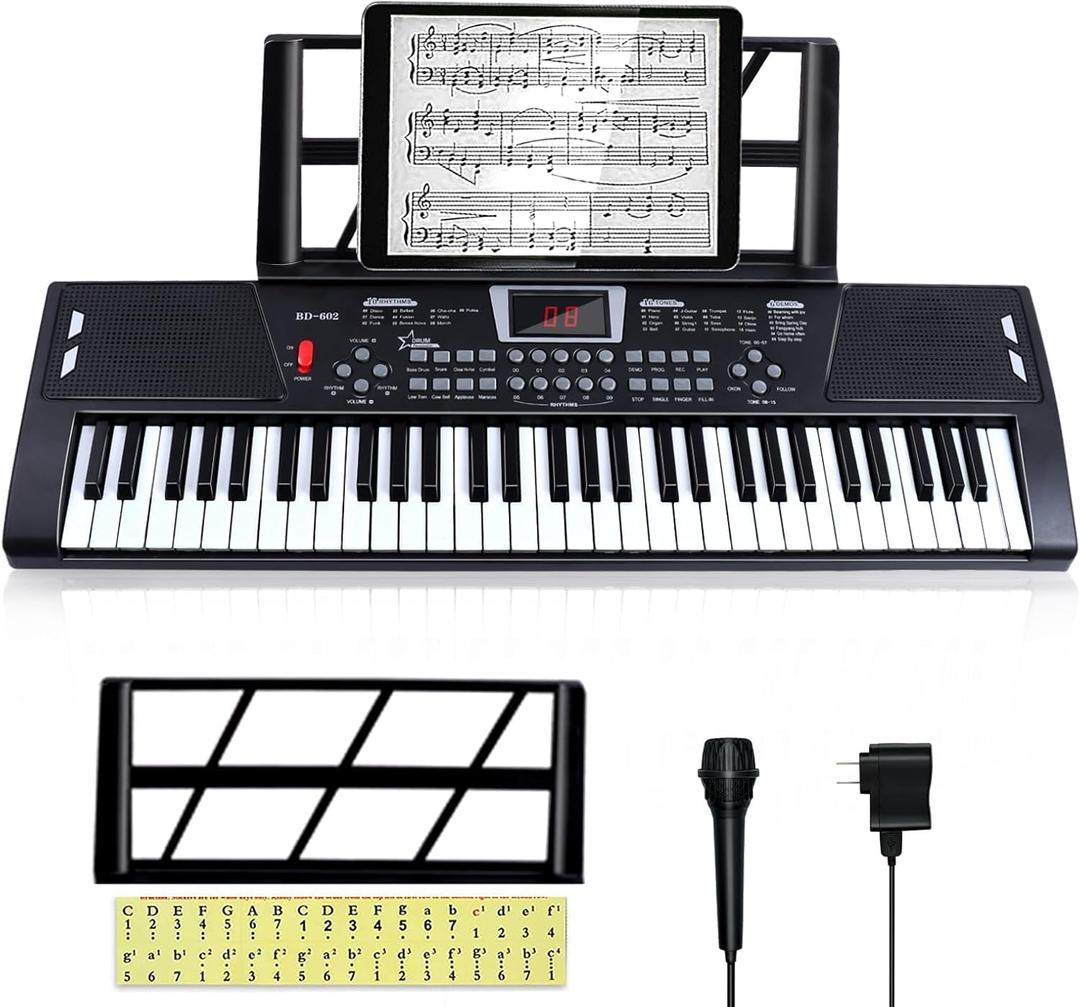 61 key piano keyboard - Electric Keyboard Piano with Microphone, Music Stand, Built-In Speakers - Portable Digital Piano for Beginners, Ideal Gift & Learning