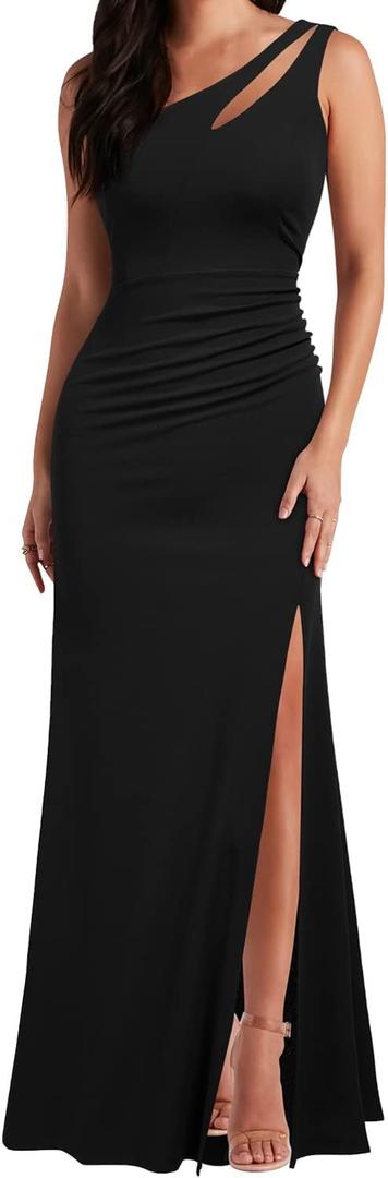 Women's One Shoulder Sleeveless Split Bodycon Mermaid Evening Cocktail Long Dress (Black) S