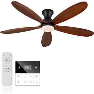 52 Inch Flush Mount Ceiling Fans with Lights, Remote, Dimmable, Power-Off Memory, Quiet DC Motor,5 Blades Wood Ceiling Fan with Light, Low Profile Outdoor/Indoor Hugger Ceiling Fan for Patio