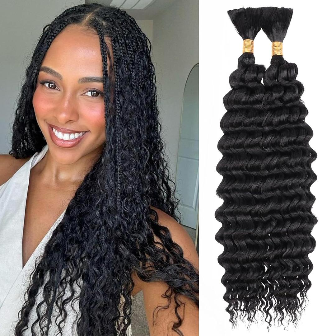 Leeven Deep Wave Bulk Braiding Hair 160g No Weft 18 Inch 20% Human Hair Mixed Quality Synthetic Natural Black Wet and Wavy Curly Hair Bundle for Boho Braids (2 Bundles, 1B)