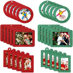 Jetec 30 Pcs Christmas Photo Ornament Frame Xmas Picture Frame Ornament Mini Felt Glitter Hanging Photo Frames Small Holiday Family Picture(Red, Green)