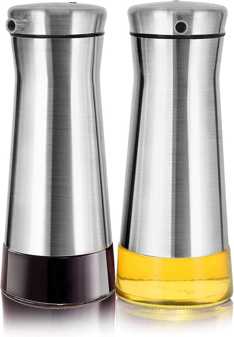 Aelga Olive Oil And Vinegar Dispenser Set -2 Pack Elegant Stainless Steel Oil Dispenser Set- Vinegar Bottle for Kitchen with No-Drip (Silver)