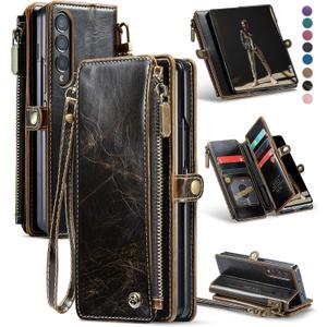 Defencase Wallet Case Compatible with Samsung Galaxy Z Fold 3 with RFID Blocking Card Holder & S Pen Holder Slot PU Leather Magnetic Snap Flip Zipper Strap Phone Case Fit for Galaxy Z Fold 3, Coffee