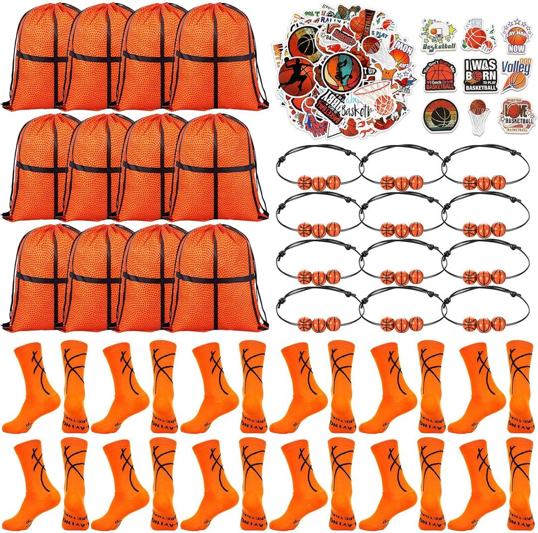 Panitay 12 Sets Basketball Party Favor Gift Sport Socks, Drawstring Bags, Stickers, Bracelets for Boys & Girls