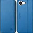 SHIELDON Wallet Case for iPhone 16e 2025, Genuine Leather Flip Case RFID Blocking Card Slot Kickstand Magnetic Shockproof TPU Phone Holder Cover Compatible with iPhone 16e 6.1" - Sapphire Blue