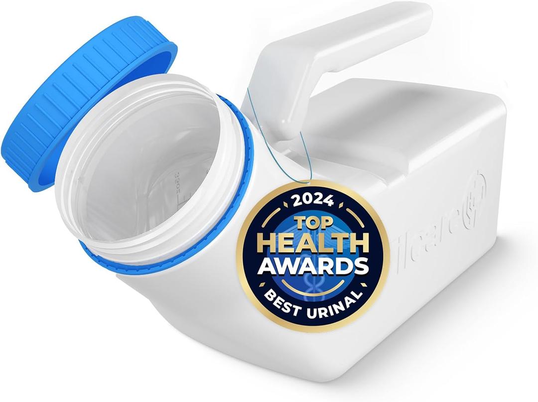 Urinals for Men Glow in The Dark Lid by Tilcare (1 Pack) - 32oz/1000mL Thick Plastic Mens Bedpan Bottle with Screw-on Lid - Spill Proof Portable Pee Bottles - Travel Urine Collection Containers