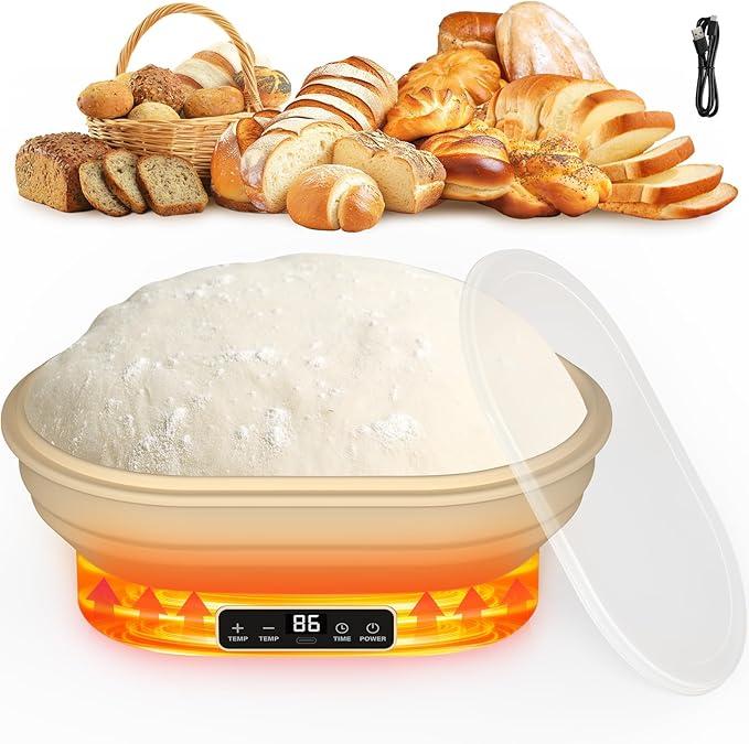 Heating Banneton Bread Proofing Basket, Upgrade Timer & 6 Temp Settings, Silicone Sourdough Bread Proofing Basket Set, Electric Thermostatic Banneton Basket with Display