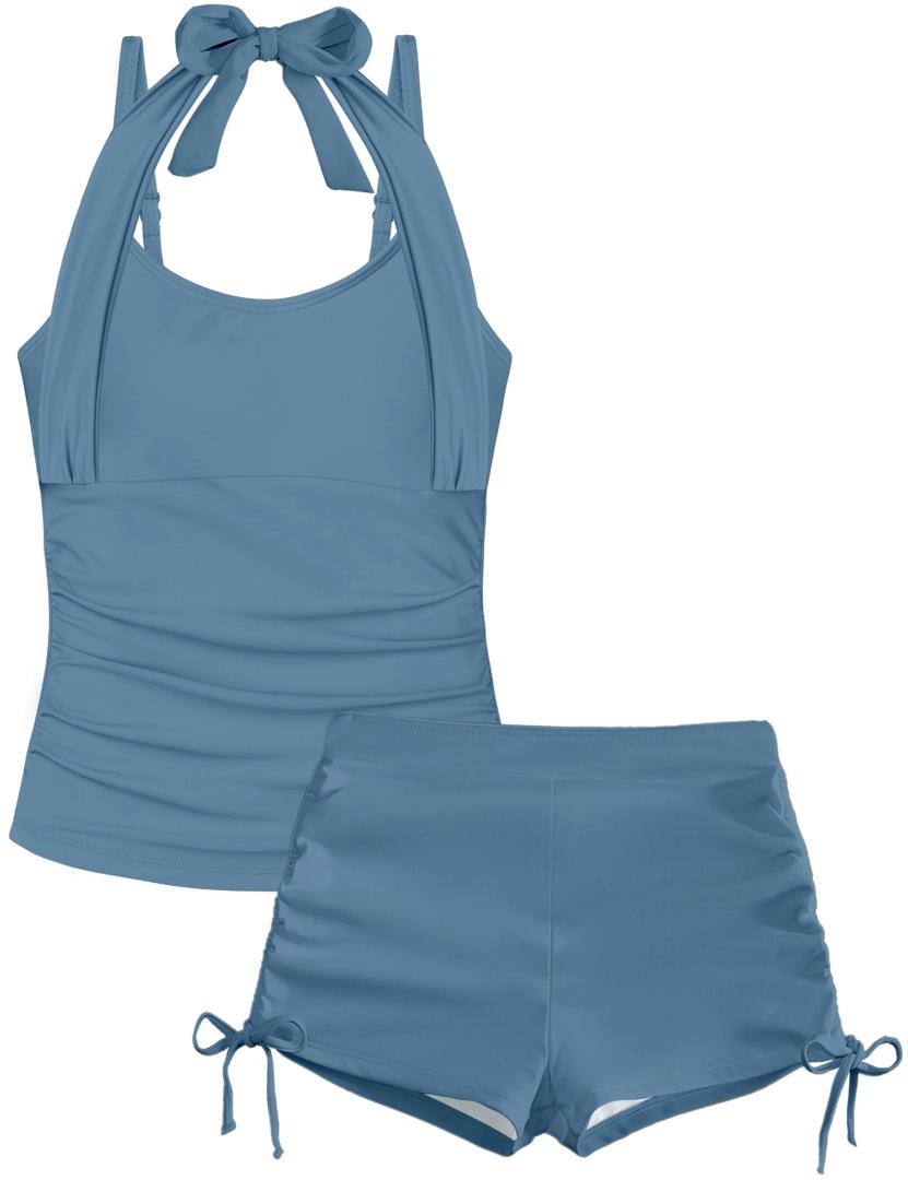 Girls Swimsuit V-Neck Cutout Tankini Tropical Print Swimwear with Shorts 2 Piece Bathing Suit for Girls 7-16Y (15-16 Years, Blue)