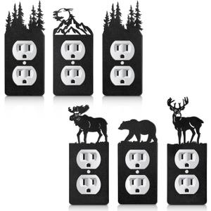 Lothee 6 Pcs Metal Bear Light Switch Cover Plate Moose Tree Mountain Elk Forest Outlet Plate Toggle Outlet Wall Cover for Home(Single Gang Socket)