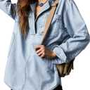 Fazortev Women's Denim Pullover Casual Button V Neck Blouse Loose Fit Long Sleeve Jean Jacket With Pocket (Light Blue, Small)