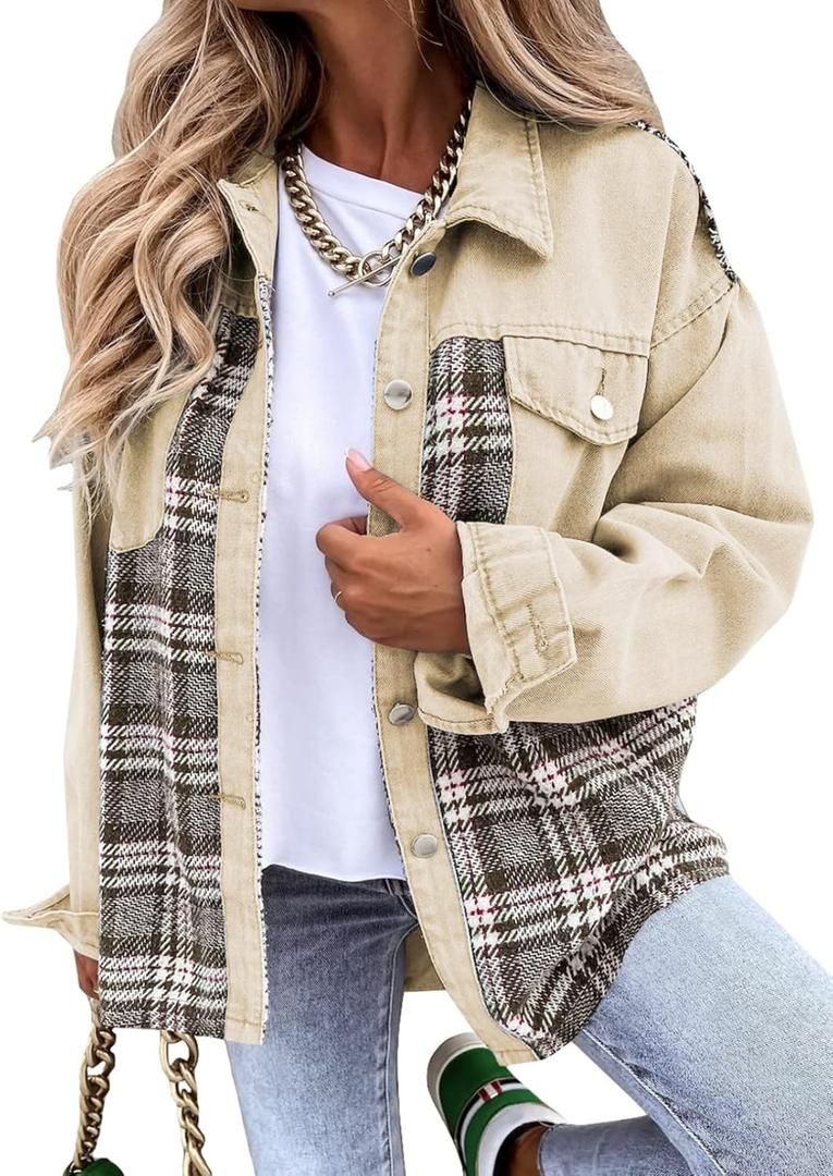 SHEWIN Women's Oversized Denim Jacket Casual Long Sleeve Button Down Plaid Shacket Boyfriend Jean Jacket With Pockets (Medium, Apricot)