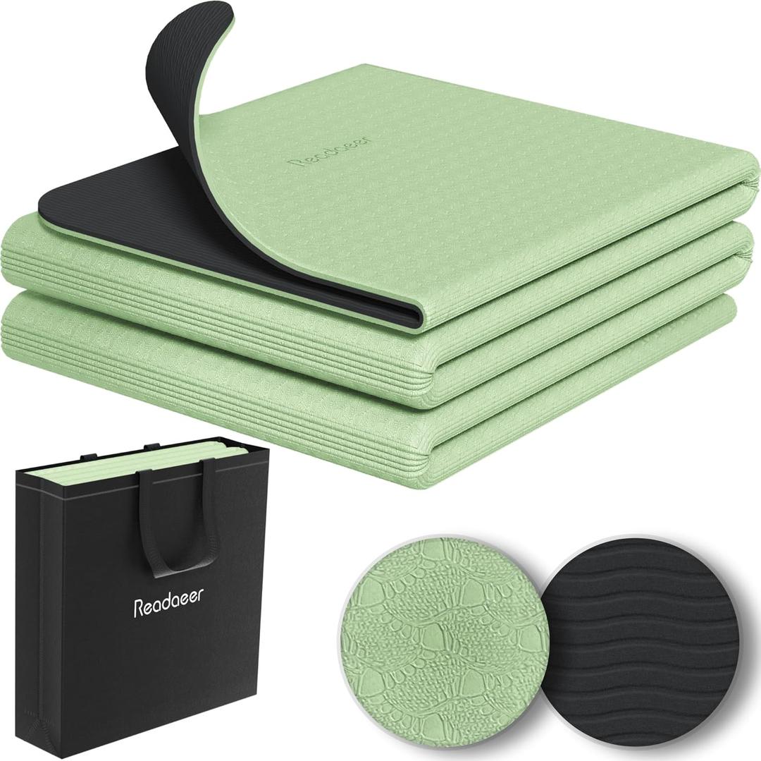 Readaeer Foldable Yoga Mat for Travel Folding Yoga Mat 6mm Thick with Carrying Bag, Non-Slip TPE Exercise Pilates Mat for 72" L x 24" W x 0.24 Inch