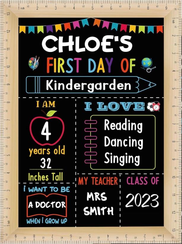 Pajean First and Last Day of School Board Sign Chalkboard with Ruler Frame Printing, Reusable Back to School Board Wooden Double Sided Photo Prop, 14 x 10 Inch