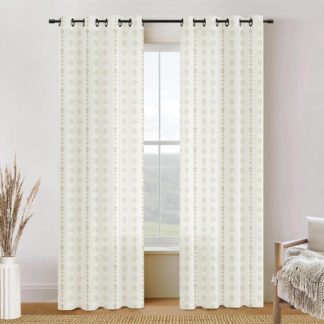 108 Inch Curtains Long,Sheer Pattern Floral Light Filtering Farmhouse Linen Drapes 108 Inches Long 2 Panels (Cream & Tan)