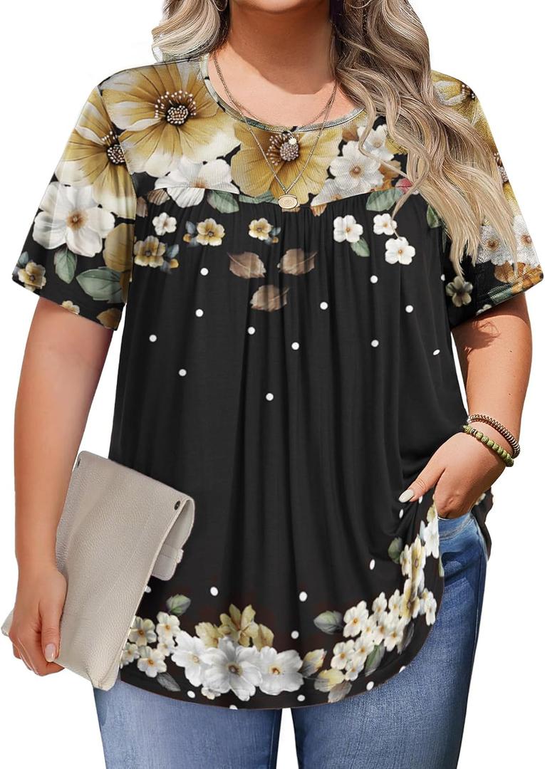 IN'VOLAND Womens Plus Size Tops Short Sleeve Tunic Crew Neck Shirts Summer Casual Loose Blouse 1X-5X (2X, Black Flower)