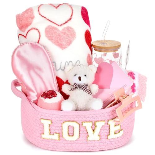 12 Pcs Valentine's Day Woven Basket Gift Set Romantic Spa Relaxation Basket Set for Her Self Care Package with Heart Blanket Socks Bath Salt Ball Glass Cup Bear for Women Girlfriend Wife Mom (Pink)