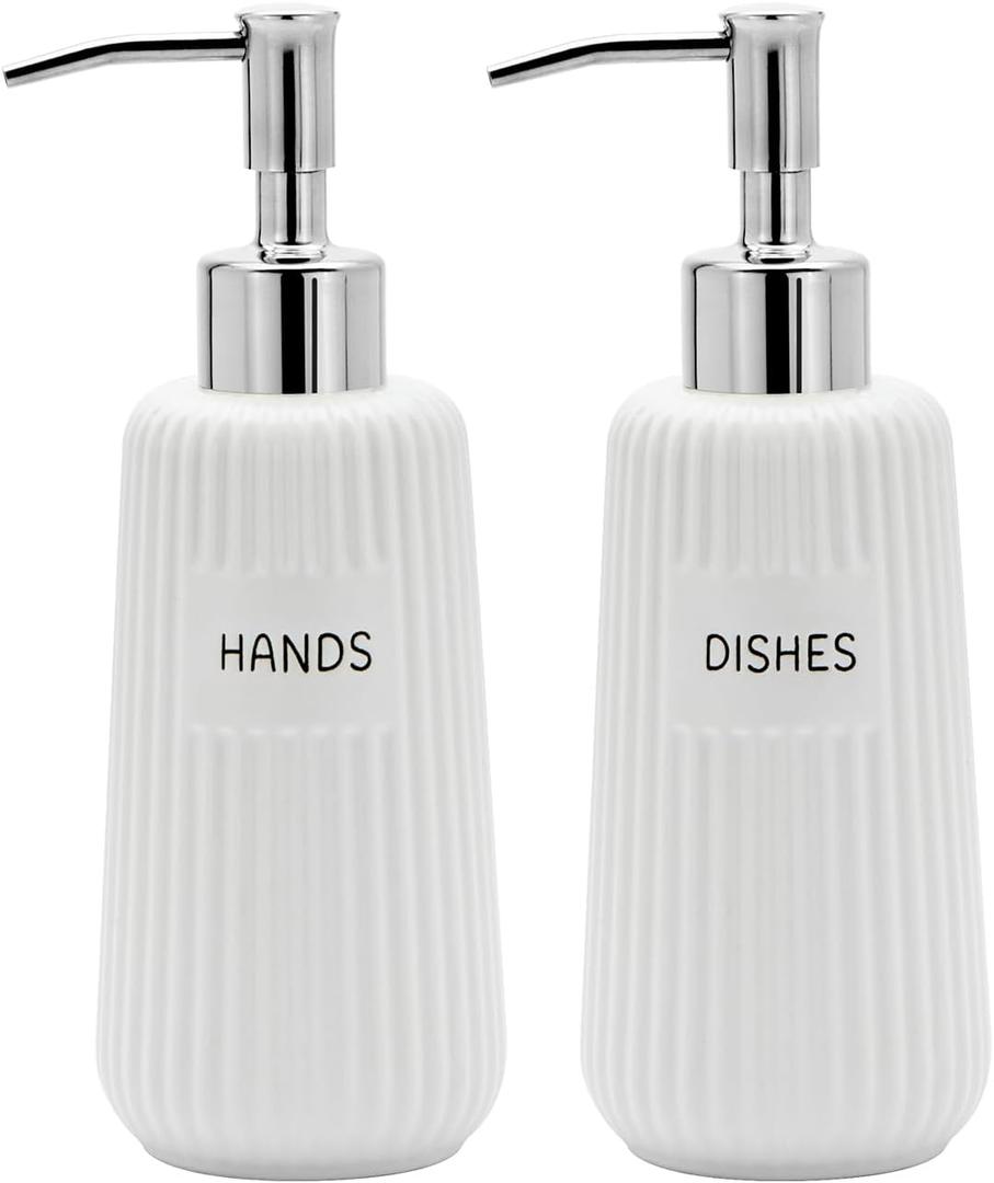 Kitchen Soap Dispenser Set with Stainless Steel Pump and Funnel, Modern Ceramic Refillable Hand and Dish Soap Dispenser Set for Kitchen, Bathroom, Office, Hotel, Matte White