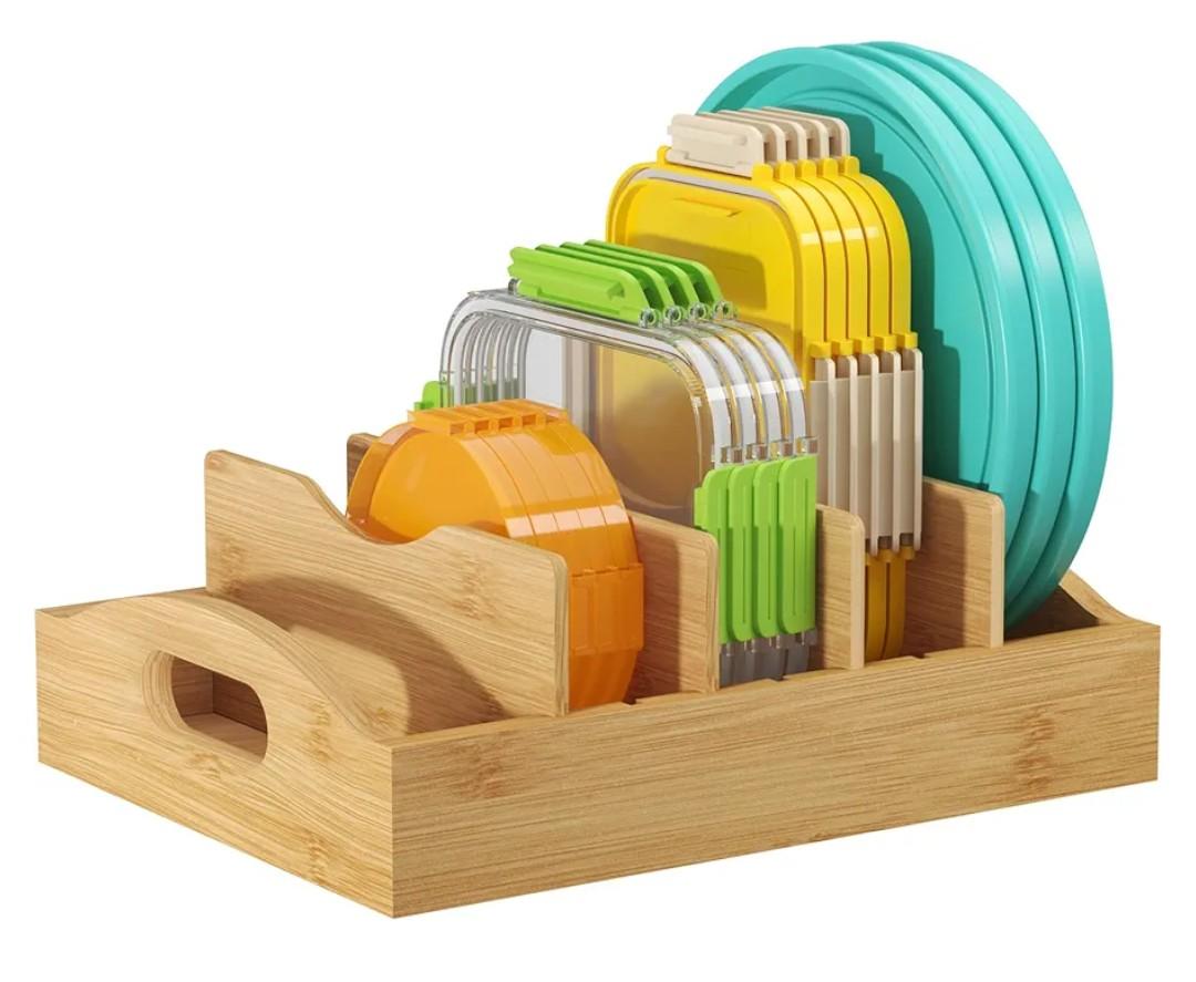 Bambition Bamboo Food Container Lids Organizer for Cabinet and Pantry, Wood Lids Holder with 5 Adjustable Dividers