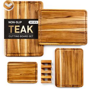 4 Pack Teak Cutting Board Set for Kitchen Heavy Duty Non Toxic Non Slip Solid Thick Wood Haus Chopping Board Extra Large Big Small Meat Best Wooden Charcuterie Board
