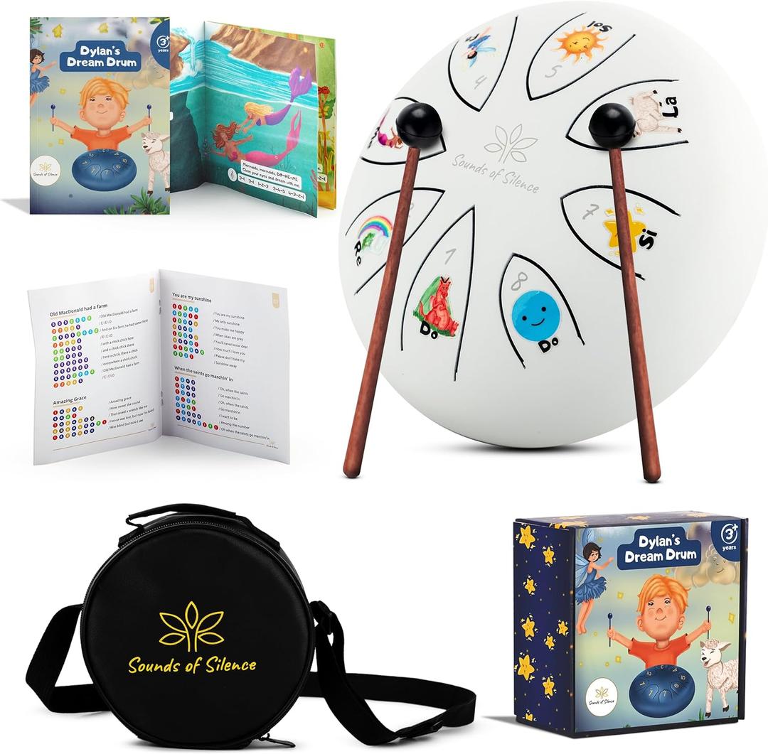 Steel Tongue Drum With Songbook And Bedtime Story - Kids Musical Instruments - Musical toys for toddlers, Dylan's Dream Drum 3 In 1 Handpan drum, 6 Inch 8 notes, Diatonic