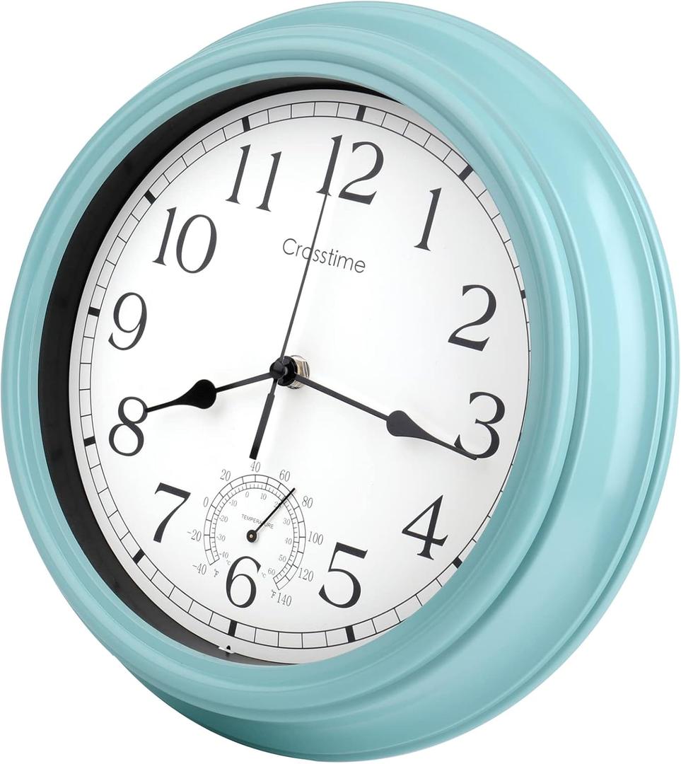 12 Inch Outdoor Clock Waterproof with Thermometer,Vintage Indoor Outdoor Wall Clocks for Patio,Pool,Garden,Home Decor-Teal
