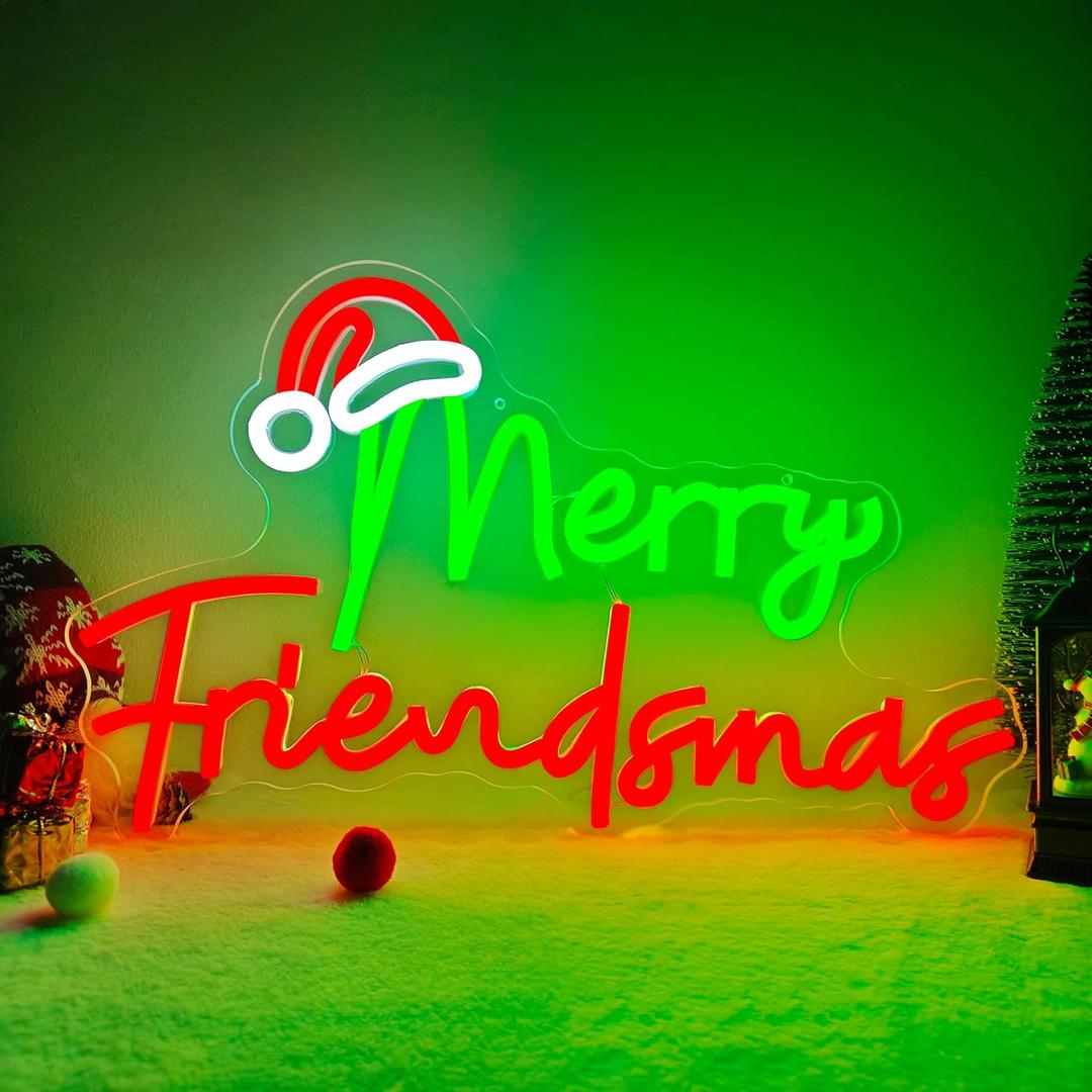Christmas Neon Signs Merry Friendsmas Neon Lights Christmas Led Signs for Bedroom Wall Dimmable Merry Friendsmas Light Up Signs for Friends Party Decorations Party Gift