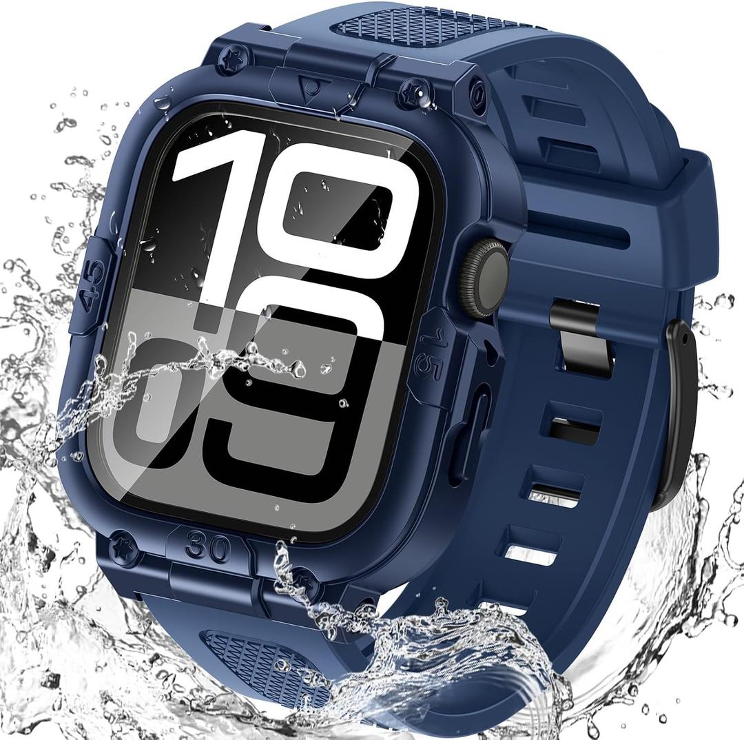 Goton 3 in 1 Waterproof Case with Band for Apple Watch with Built-in Tempered Glass Screen Protector 46mm, 360 Shockproof Bumper Face Cover with Band for Apple Watch Series 11 Series 10, 46mm