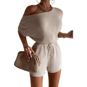 GEMLON Knit Lounge Sets for Women Boatneck Top Drawstring Shorts 2 Piece Outfits Summer (Small, Khaki)