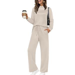 WIHOLL Two Piece Sets for Women Fall Travel Vacation Outfits Long Sleeve Lounge Sets Side Slit Wide Leg Pants S-3XL (Beige)