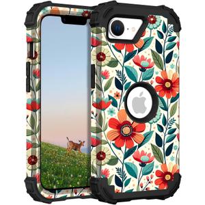 TEECOVER for iPhone 16e Case, Heavy-Duty Shockproof Full Protection Hard Plastic Bumper + Soft Silicone Rubber Protective Case for iPhone 16e - 6.1-Inch, Red Flowers