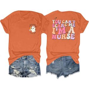 Halloween Nurse Shirt Women You Can't Scare Me I'm a Nurse T-Shirt Funny Ghost Nurse Graphic Tee Tops (Orange, XL)