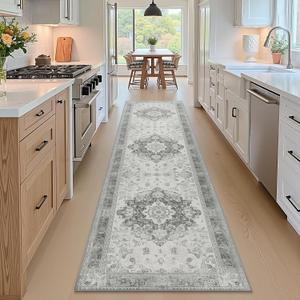 2x8 Machine Washable Non-Slip Rug & Mat - Soft Faux Wool & Polyester, Boho Stain-Resistant Indoor Carpet for Bathroom, Hallway, Kitchen, Entryway, Laundry, Living Room, Low Pile, High Traffic (Grey)