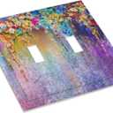 Colorful Floral Watercolor Flower Double Toggle Light Switch Cover Decorative Purple Garden 2 Gang Wall Plate Electrical Faceplate Switchplate for Farmhouse Bathroom Bedroom Living Room Decor