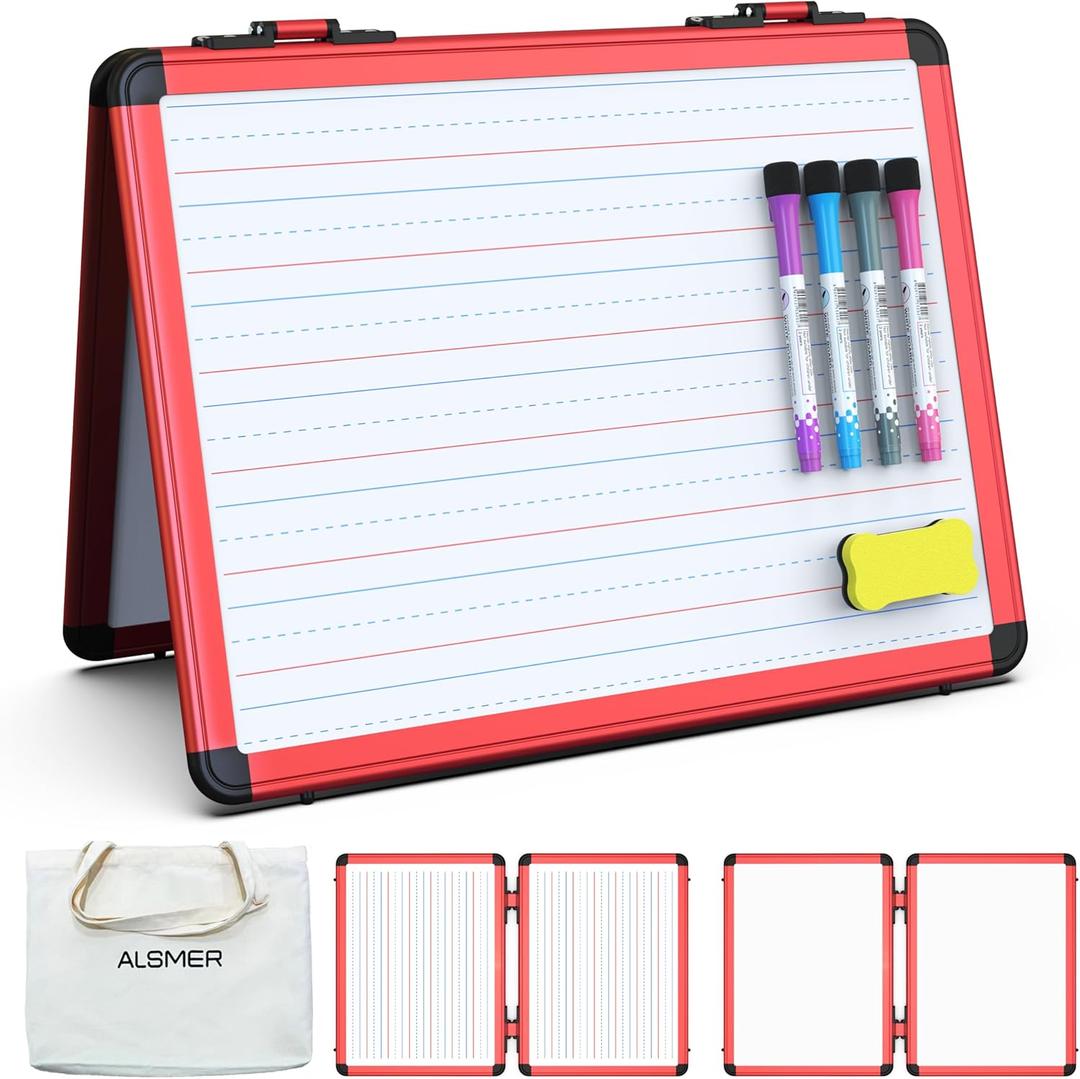 Dry Erase Board, 17x13 inch with 4 Sides Magnetic Whiteboard, A3 Foldable Small White Board with Lines, Perfect for Office, School, and Home. (Red)