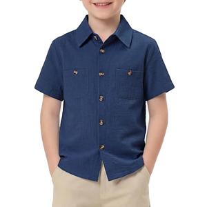 Jecson Boys Dress Shirts Short Sleeve Button Down Cotton Boys Collared Shirt with Pockets Dark Blue 7-8y