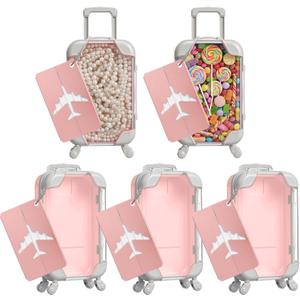 Teecyhooo 5 Pcs Mini Suitcase Party Favor Boxes and 5 Pcs Metal Luggage Tags with Card, Clear Mini Luggage Gift Boxes for Girls Wedding Travel Birthdays Bachelorette (6.5 x 2.8 x 1.4 Inch,Pink)