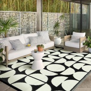 Wonnitar 8x10 Outdoor Rug, Large Waterproof Reversible Outdoor Patio Area Rug, Indoor/Outdoor Plastic Straw Portable Camping Rug for Outside RV Balcony Garden Deck (Black & White,8'x10')
