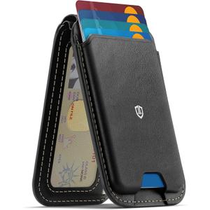 SHIELDON Genuine Leather Strong Magnetic Card Holder for MagSafe, Phone Wallet Stand, Angle Adjustment RFID Blocking 6 Cards Magnet Wallet Compatible with iPhone 17/16/15/14/13/12 Series - Retro Black